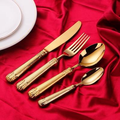 China Viable Luxury Baroque Royal Gold Flatware Set 304 Stainless Steel 18/10 Metal Gold Dinnerware Sets Best Quality Gold Flatware Sets for sale