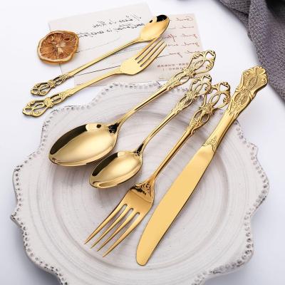 China Viable luxury royal gold silverware hotel flatware stainless steel dinnerware kitchen spoons baroque gold cutlery and fork for sale