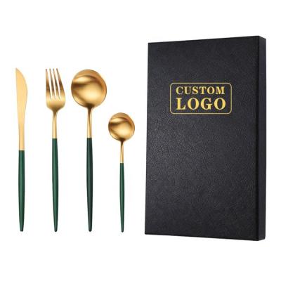 China Viable Luxury Green Gold 4pcs Spoon Fork Gift Box Flatware Sets Wedding Restaurant Flatware 304 Stainless Steel PVD Plating Color Handle for sale