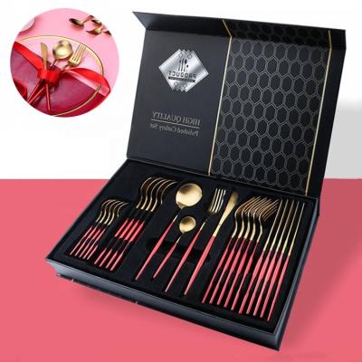 China Viable Luxury Red Gold Spoon Fork Knife 304 Stainless Steel Flatware Set 24pcs Portugal Wedding Silverware Restaurant Cutlery Set for sale