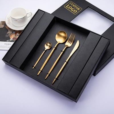 China Hotel Viable Wedding Gold Matte Cutlery Set Gift Box 24pcs 18/10 Stainless Steel Flatware Silverware Gold Spoon And Fork Set for sale