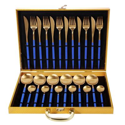 China 24pcs Gold Stainless Steel Cutlery Set Wedding Silverware Cutlery Spoon And Knife Fork Set Bulk Viable Blue Gold Flatware In Wooden Box for sale