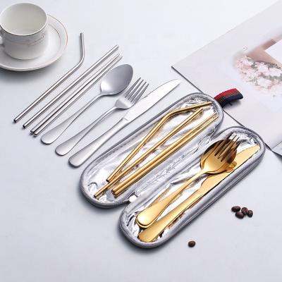 China Amazon Sustainable Hit Outdoor Travel Cutlery Set With Straw Logo Stainless Steel Custom Portable Camping Flatware With Filter Bezel for sale