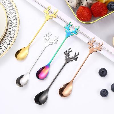 China Lovely Viable Teaspoon Christmas Deer Spoon 304 Animals Stainless Steel Colorful PVD Plating Coffee Honey Metal Child Baby Spoon Set for sale