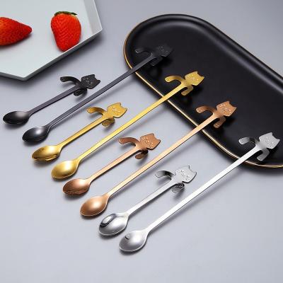 China Child Viable Luxury Cutlery Lovely Stainless Steel Animal Cat Spoon Set 304 Cute Colorful Gold PVD Dessert Coffee Tea Stainless Spoons for sale