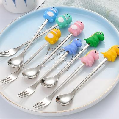 China Lovely Viable Kids Stainless Steel Dessert Spoons And Fork Set With Cartoon Decoration Food Grade Metal Animal Honey Coffee Tea Spoon for sale