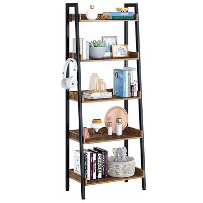 China (Height)Adjustable Ladder Shelf with 3 Hooks 5 Layers Ladder Shelf Industrial Bookshelf Freestanding Factory Display Shelf with Metal Frame for sale