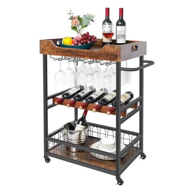 China Sustainable Bar Car With Mobile Wine Rack Kitchen Service Car Country Brown for sale