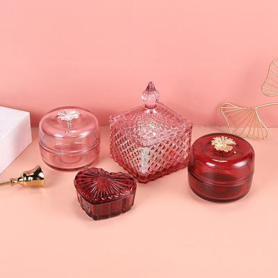 China 2021 Home Decoration Christmas Candy Container Luxury Electroplating Glass Lid Geo Cut Glass Candle Jar Vessel For Candle DIY for sale