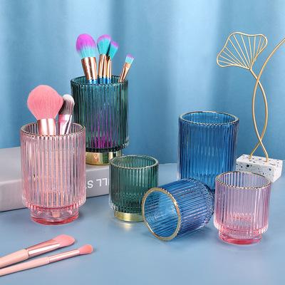 China Nordic hot glass cosmetic bucket brush gilt home decoration creative home decoration glass ornament storage can candling ship for sale