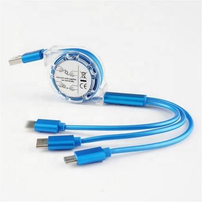 China Fast Charging Speed 3 in 1 Retractable multi-function data cable for Iphone Android usb line for sale