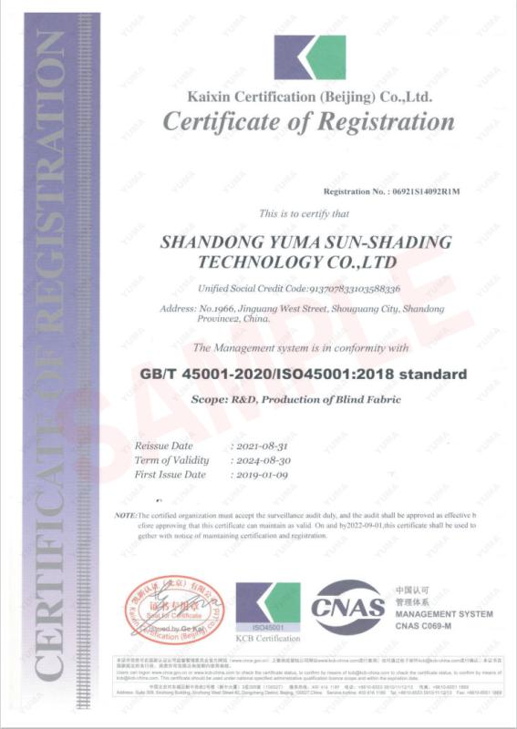 ISO 45001 - Shandong Yuma Sun-Shading Technology Corp., Ltd.