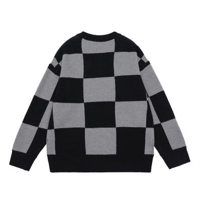 China 2021 Anti-wrinkle Custom OEM Mens Color Checked Sweater Contrast Color Patchwork Round Neck Loose Knitted Long Sleeve Sweaters For Man for sale