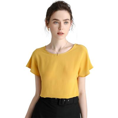 China Summer Breathable Fashion Simple Ladies Short Sleeve Silk Round Neck Silk Shirt for sale