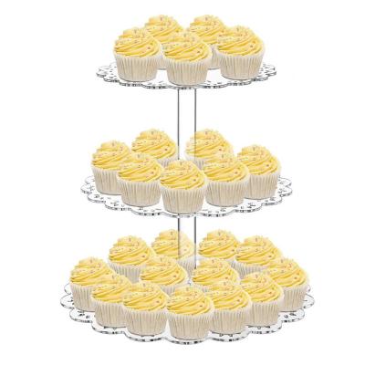 China Elegant Flower Shape Dessert Stand Anti-Slip Acrylic Cupcake Stand Pastry Serving Tray Platter Antislip Flower Embossed Acrylic Cake Stand 3 Layers for sale