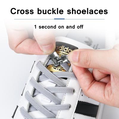 China Flat Cross Laces 1 Second Buckle Quick No Lazy Strings Kids Laces Tie Laces Unisex Adult Elastic Sneakers Laces for sale