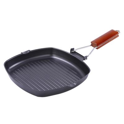 China Outdoor Cooking Anti-scalding Deep Steak Pan Picnic Folding Portable Frying Pan Cast Iron Pot Baking Double Pan Tool BBQ Handle Wood Mouth for sale