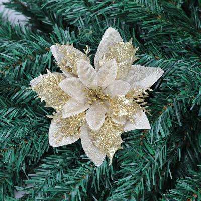 China Artificial Poinsettia Flower Christmas Flowers Silk+plastic+glitter Christmas Decorative Faux Poinsettia Decoration Gold For Christmas Tree Ornaments for sale