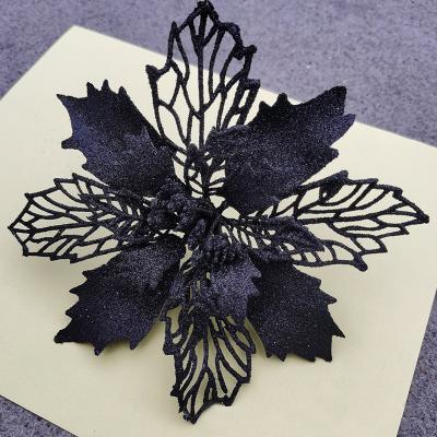 China Plastic+glitter New Year Christmas Decorations Christmas Accessories Decorative Black Poinsettia Flower Artificial Flower Heads for sale