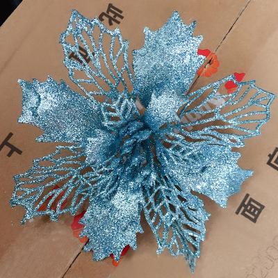 China Plastic+glitter Blue New Year Gift Christmas Poinsettia Flowers Artificial Flower Heads Wedding Faux Poinsettia Christmas Decorations Ornaments for sale