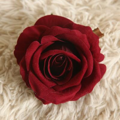 China Artificial Fake Rose Head Flowers Burgundy Floral Velvet Wedding Decoration Flower Head For Flower Wall for sale