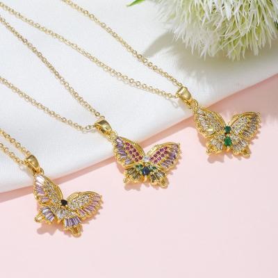 China Customization Ornaments Shape Female 18k Gold Plated Charm Jewelry Beautiful Copper Color Zircon Rhinestone Butterfly Pendant Necklace For Women for sale