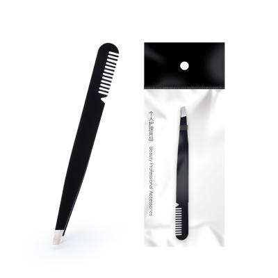 China Durable Customized Personalized High Quality Black Slanted Eyebrow Tweezers With Comb for sale