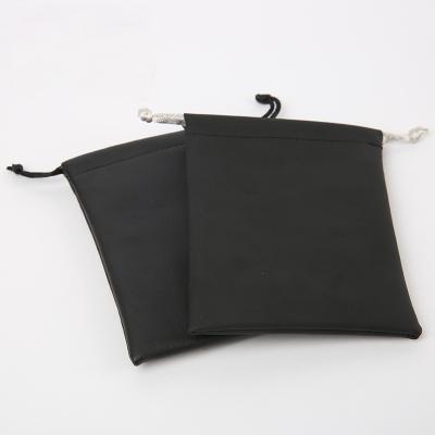 China Fashion Pouch Drawstring Earphone Pouch Mini Pu Drawstring Small Leather Bag High Quality Acceptable Black Bag for sale