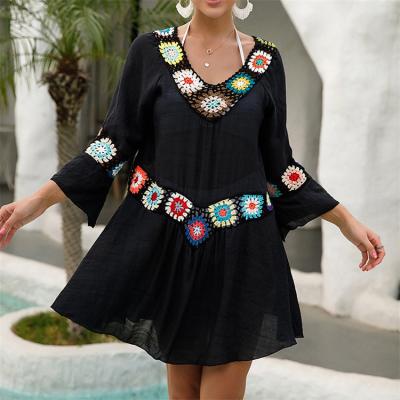 China Hot Vintage Fashion Cover Up Tunics Boho Beach Designer Waist Embroidery Summer Tunic Ethnic Floral Dress More Selling for sale