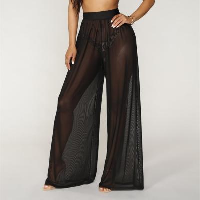 China Amazon Mesh Chiffon Antibacterial Women Sexy See Through Beach Pants Cover Up Wide Leg Leggings for sale