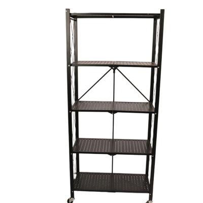 China 5 Tier Sustainable Unit No Screws Assembly Laundry Bathroom Kitchen Pantry Metal Storage Folding Shelves With Rolling Wheels for sale