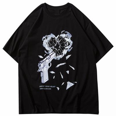 China Custom Made T Shirt Viable For Mens Hip Hop Gun Breaking Heart Graphic T Shirts Harajuku Cotton Loose Fit Big Tall Tee Men's Clothing for sale