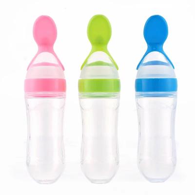 China 2021 Success Baby Bottle BPA Free Silicone BPA Free Squeeze 90ml Baby Bottle With Spoon Baby Silicone Squeeze Feeder for sale