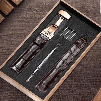 China Luxury Genuine Leather 14mm 16mm 18mm 20mm Butterfly Watch Band 22mm Genuine Leather Clasp Including Wooden Box and Tools for sale