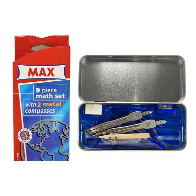 China School Bangladesh Hot Sale Customize 9 Pcs Max Metal Compass Math Instruments Set Compass Ruler Iron Plastic Box for sale