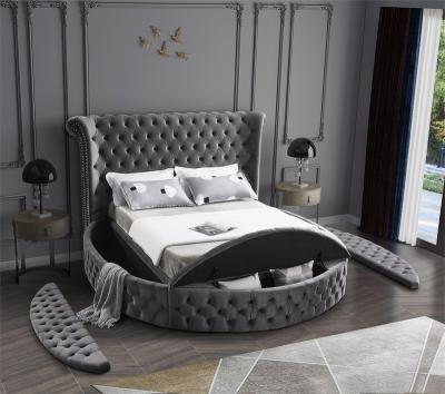 China Latest Storage Bedroom Platform Queen Modern Velvet Upholstered King Size Round Bed With Storage Space for sale