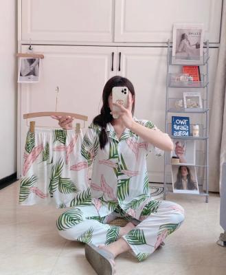 China Korean QUICK DRY Sleepwear Shorts Sheaths Pijama Mujer Cardigan Pajama Lounge Wear Three Pieces Sleepwear Floral Milk Silk Nightgowns Pajamas for sale