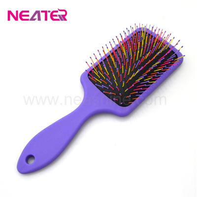 China Rainbow Compact Plastic Nylon Needle Detangling Hair Brush, Rubber Finish Customized Paddle Brush for sale