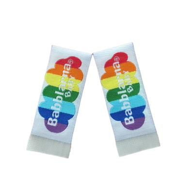 China Washable Polyester Custom Made Garment Label Rainbow Care Label Full Color Woven Woven Label For Bags Shoes Clothes for sale