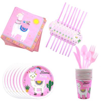 China Cute Pink Han Kids Paper Supplies Party Cup Plate Napkin Straw Paper Tableware Set Alpaca Theme Girls Birthday Decor for sale