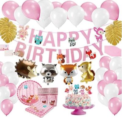 China Party Occasion Girl Woodland Animals Birthday Party Supplies Set Pink Dishes Napkin Cups Tablecover Kit For 16 for sale