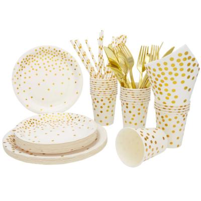 China Disposable Golden Dots Paper Tableware Party Supplies Degradable Cups Napkins Straw Golden Dots Paper Plates for sale