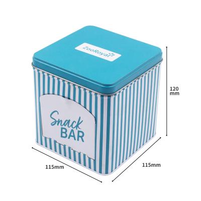 China Recyclable Metal Tin Candy Food Gift Packaging Box Open Door 115x115x120mm Food Grade Coffee Tin Packaging With Custom Design for sale