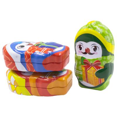 China Recyclable Cheap Character Shape Candy Tin Box Be Customized Food Metal Tin Box Can Standing Tin Cans With Emboss for sale