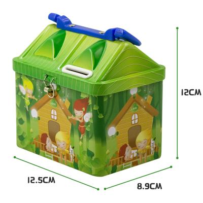 China Recyclable 3-10 Years Child Coin Tote Tin Box With Plastic Handle And Lock Key Lunch Tin Customized Box For Kids for sale