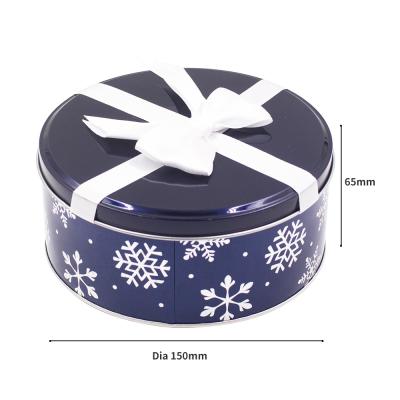 China Biscuit Round Shape Recyclable Tin Box With Bow Ribbon Free Sample Tin Box for sale