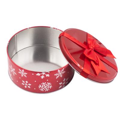 China Recyclable OEM Customized Printing Round Tin Box With Bow Ribbon Cookie Tin Box for sale