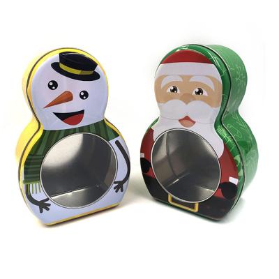 China Recyclable Snowman Shaped Custom Christmas Tin Can Box For Packaging Gift With Window for sale