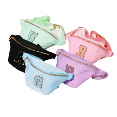 China Bright Color Water Proof Sports Bag Hot Sale Waist Fanny Pack Bag With Chenille Letter Nylon Fanny Pack Patch for sale