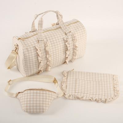 China Sports Shoulder Duffel Bag Custom Plaid Handbag Low MOQ For Woman Nylon Lotus Leaf Edge Gingham Duffel Bag Frills Square Weekend Bag for sale